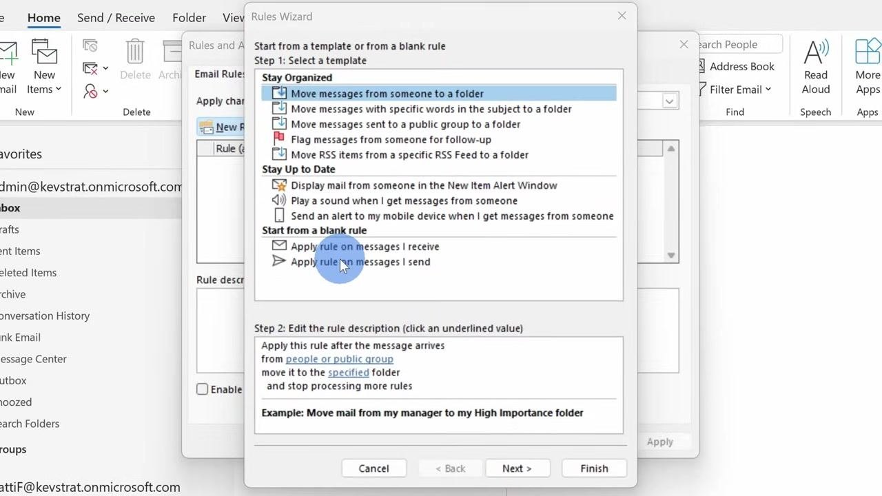 The Rules Wizard shows "Apply rule on messages I send" selected as the starting point for a new rule.