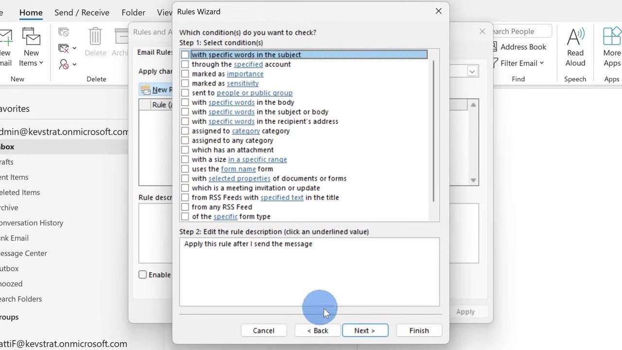 The Rules Wizard conditions screen has no conditions selected, so the rule will apply to all outgoing messages.