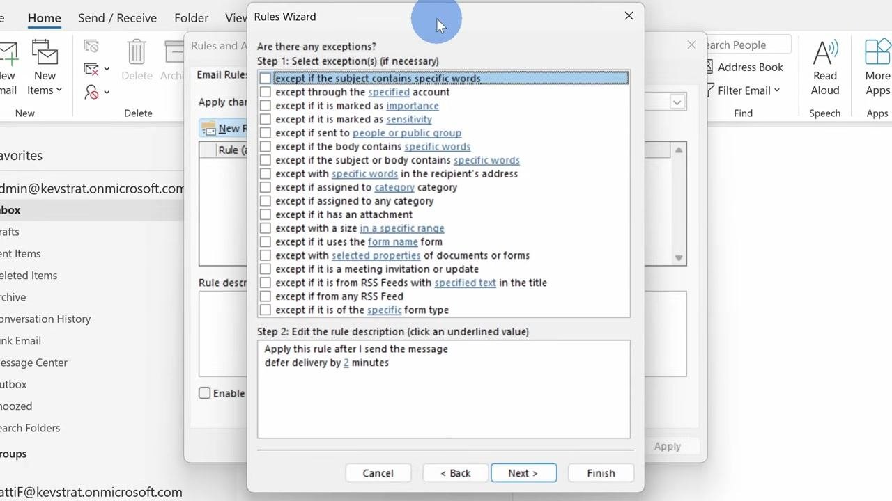 The Rules Wizard finish setup screen shows the rule named "Delay Sending emails," ready to be activated.