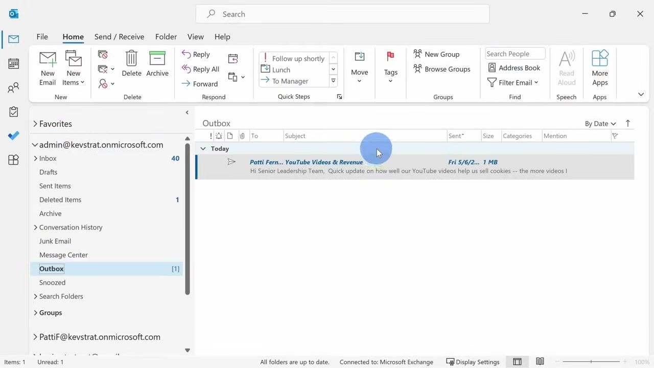 The Outbox folder shows a delayed message that is ready to be opened and edited.