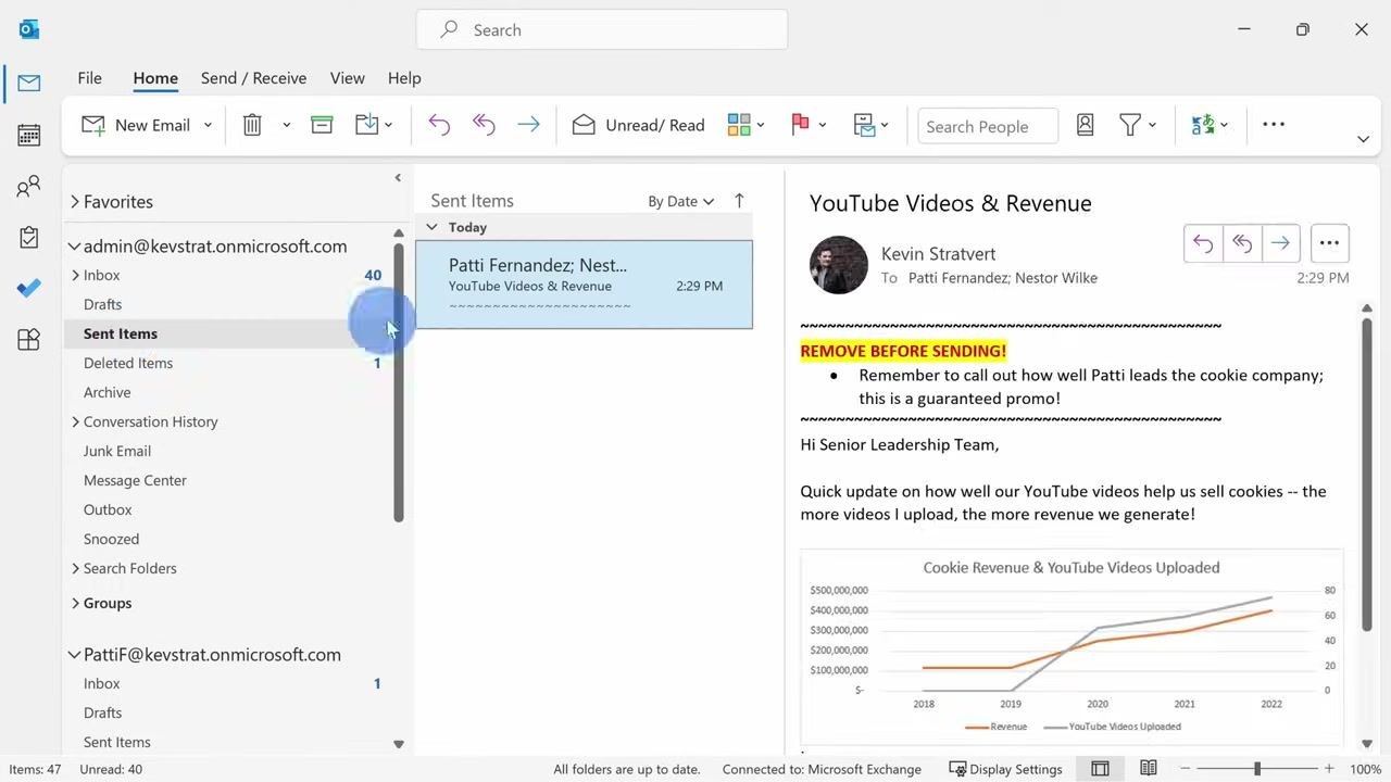 The Sent Items folder is selected, showing a sent email titled "YouTube Videos & Revenue" addressed to Patti Fernandez and Nestor Wilke. The email body is visible on the right, including a highlighted note reading "REMOVE BEFORE SENDING!"