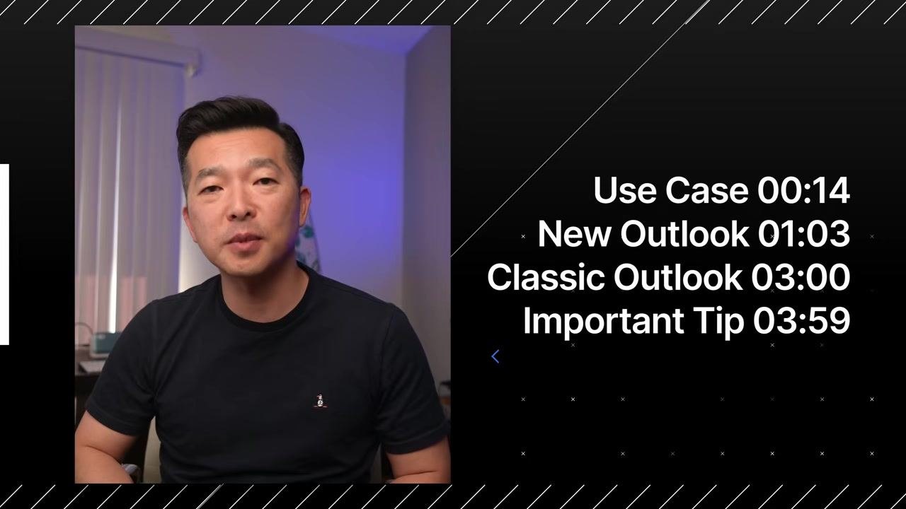Video presenter with on-screen chapter timestamps: Use Case 00:14, New Outlook 01:03, Classic Outlook 03:00, Important Tip 03:59