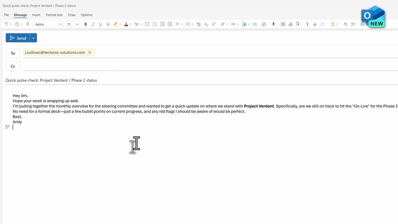 Composing an email in the New Outlook, with the recipient, subject, and message body filled in