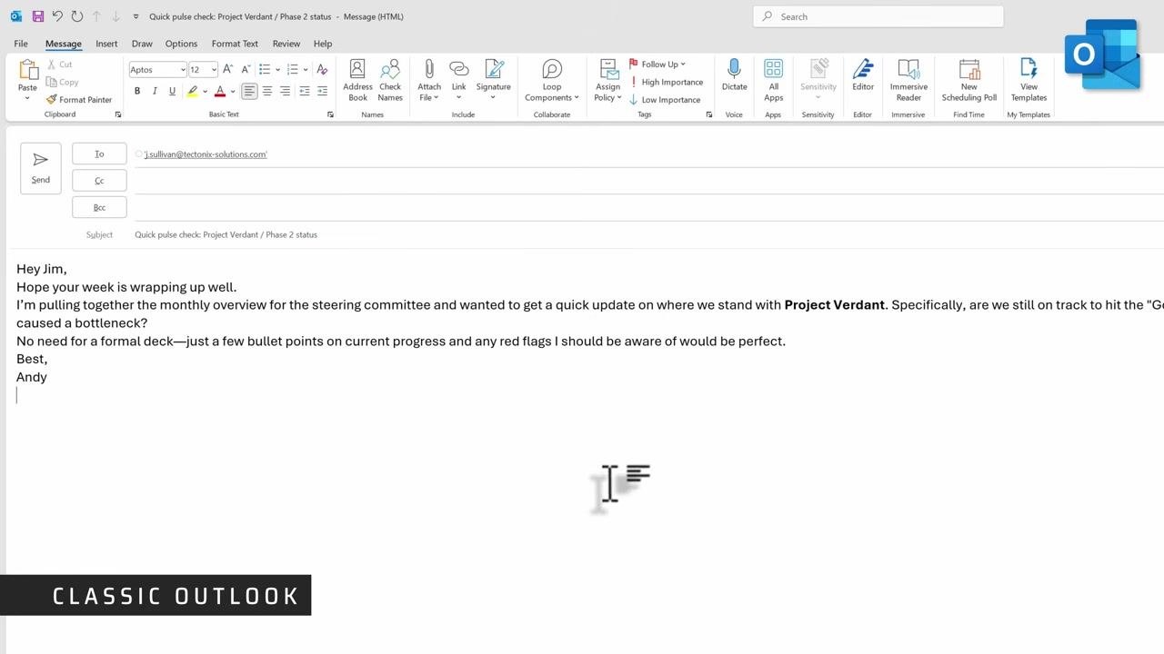Classic Outlook compose window with the ribbon interface, and recipient, subject, and message body filled in
