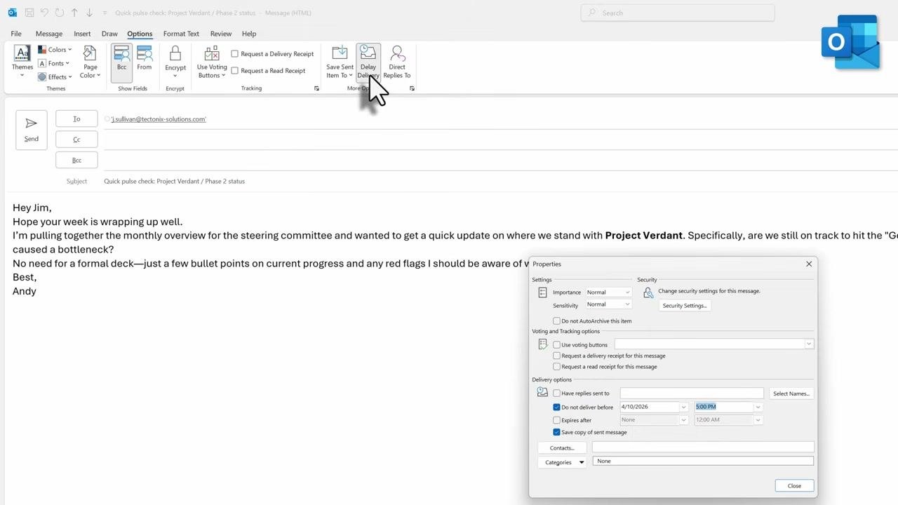 Classic Outlook compose window with the Properties dialog open, showing 'Do not deliver before' checked along with delivery date and time fields