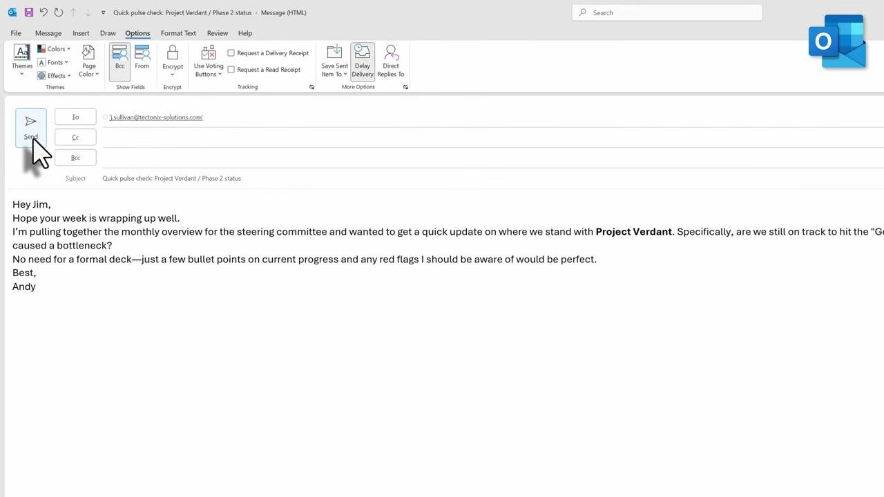 Outlook Outbox folder showing the scheduled email with its subject and recipient, confirming it is queued for delivery