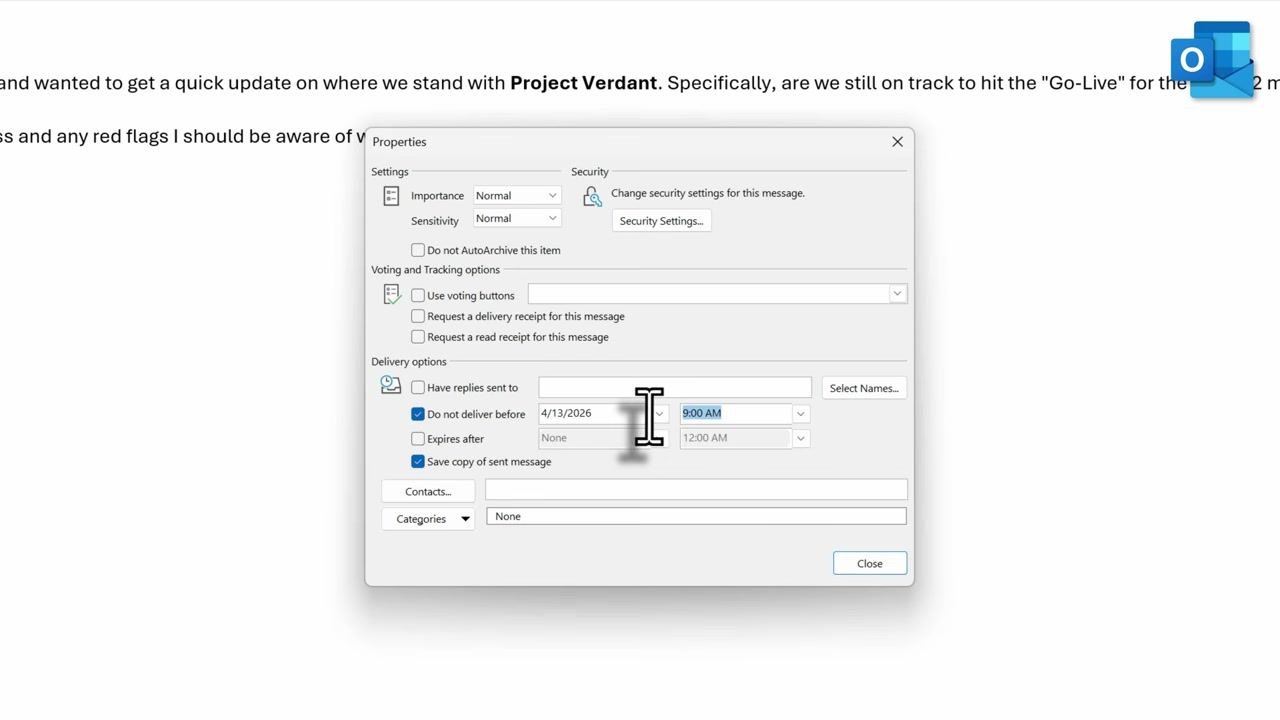 Outlook Outbox folder with the right-click context menu open on a scheduled email, cursor highlighting the Delete option