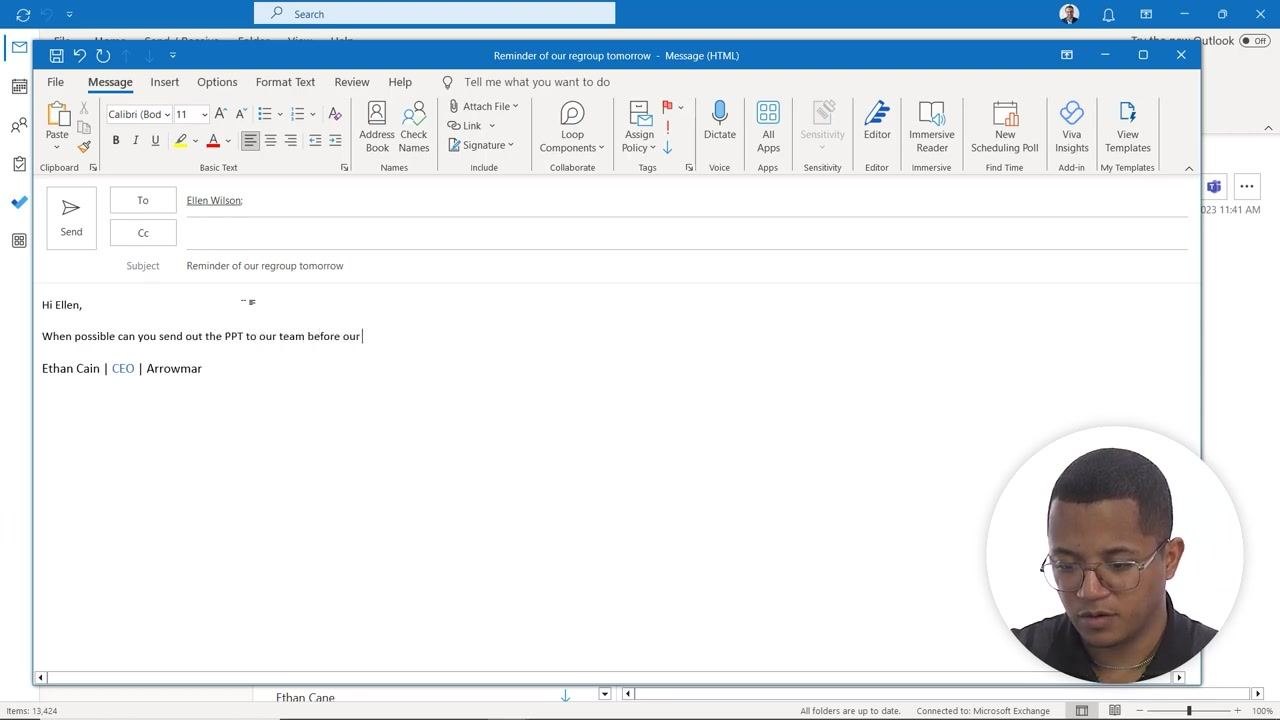 Outlook new message window with the recipient, subject, and message body being composed