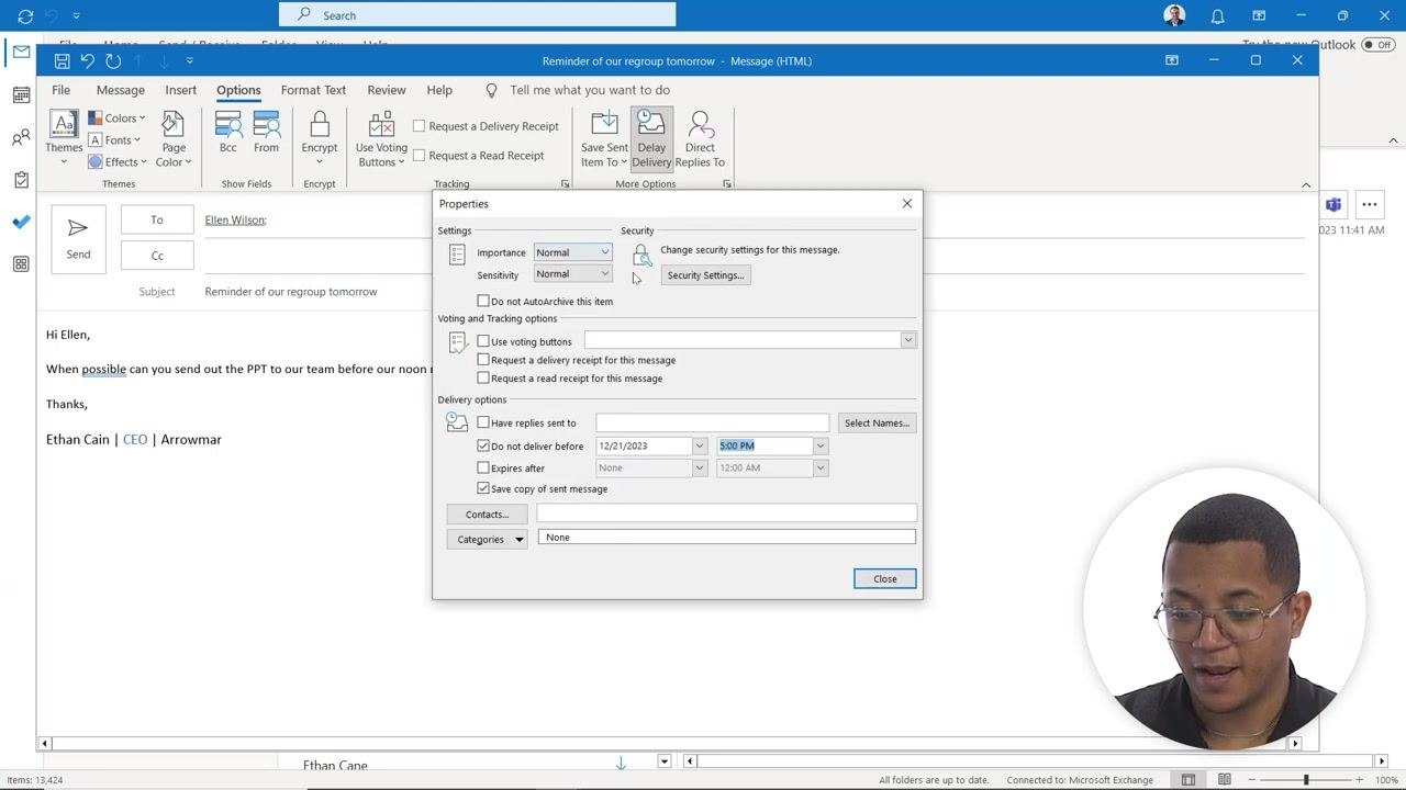 Outlook new message window with the Options tab highlighted and the ribbon showing advanced options
