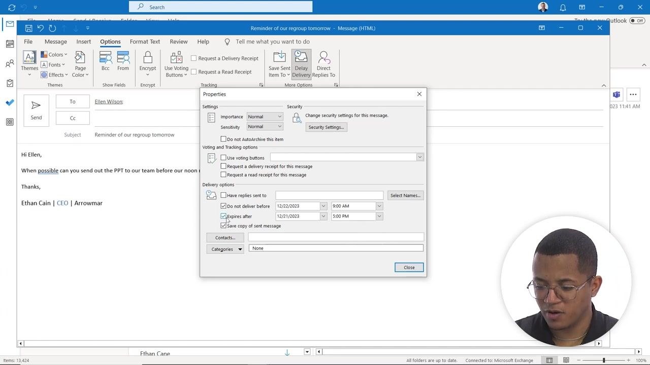 Outlook Properties dialog with "Do not deliver before" checked, date set to 12/22/2023, and time set to 9:00 AM