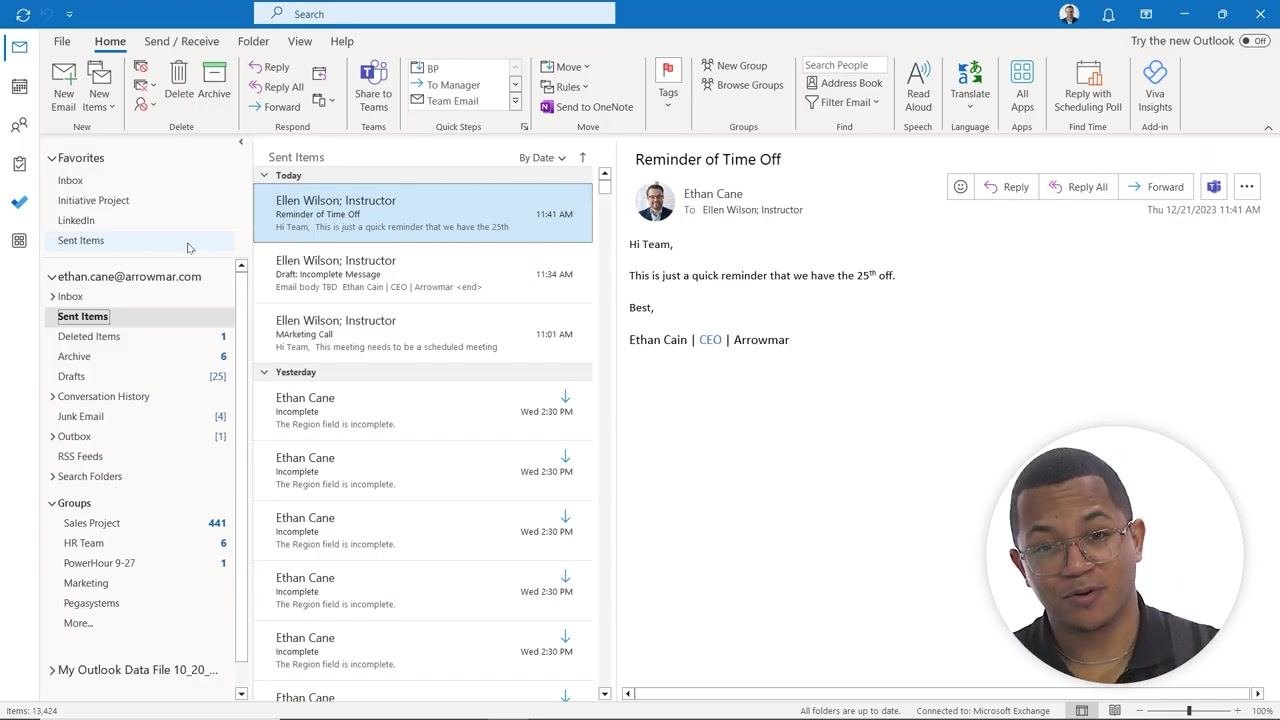 Outlook new message window with the Properties dialog open, "Do not deliver before" checked for 12/22/2023 at 9:00 AM, and the cursor near the Close button