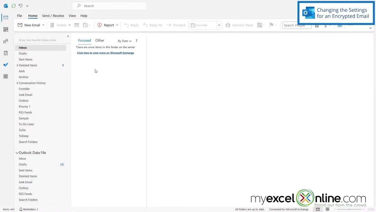 Title screen with Outlook logo and text: "How to Send Encrypted Microsoft Outlook Emails". myexcelonline.com branding at the bottom right.