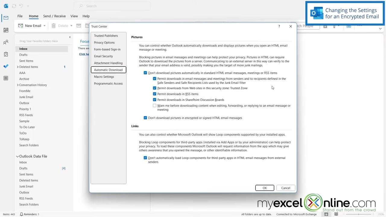 Trust Center dialog with Email Security selected, highlighting the Settings button for encrypted email.