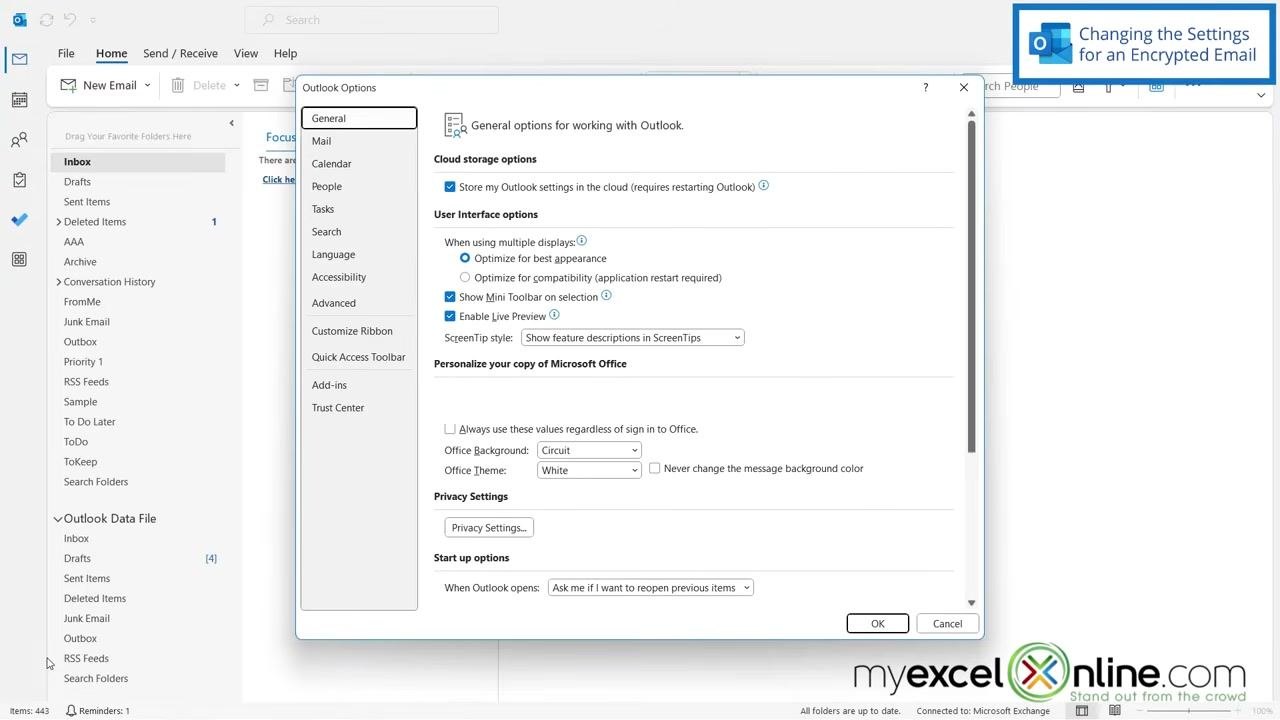 Outlook main window showing the Inbox, folder list, and a focused/other tabbed message list.
