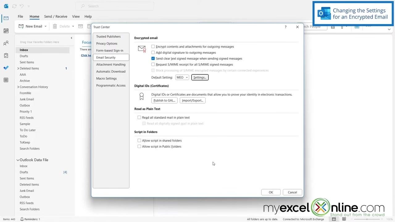 Trust Center dialog showing "Default Setting: MEO" under Encrypted email, ready to confirm with OK.