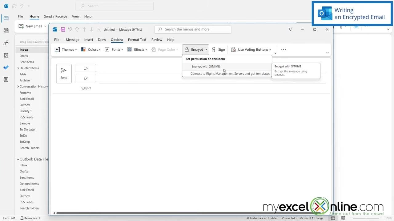 Outlook new message window with the Options tab selected, Encrypt dropdown open, and "Encrypt with S/MIME" highlighted with a tooltip visible.
