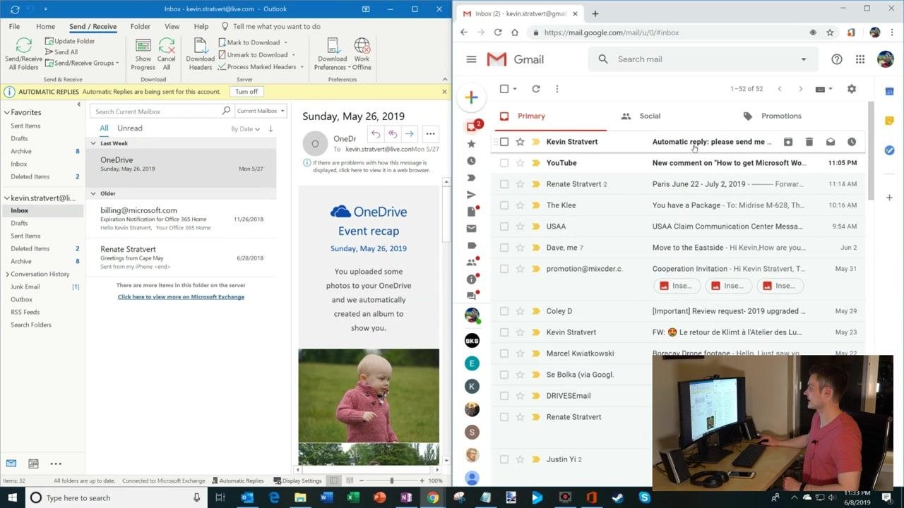 Outlook on the left and Gmail on the right, with a new message being composed to the Outlook address.