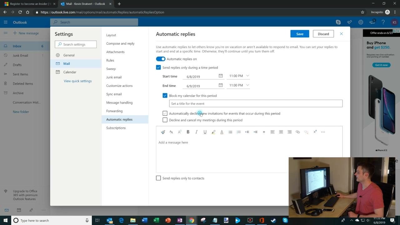 The Automatic Replies settings page in Outlook on the web, showing time period, calendar-blocking, and meeting-decline options along with the message box.