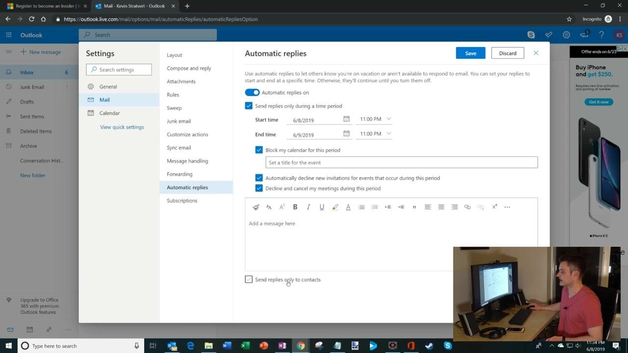 The Automatic Replies settings page in Outlook on the web with "Send replies only to contacts" checked.