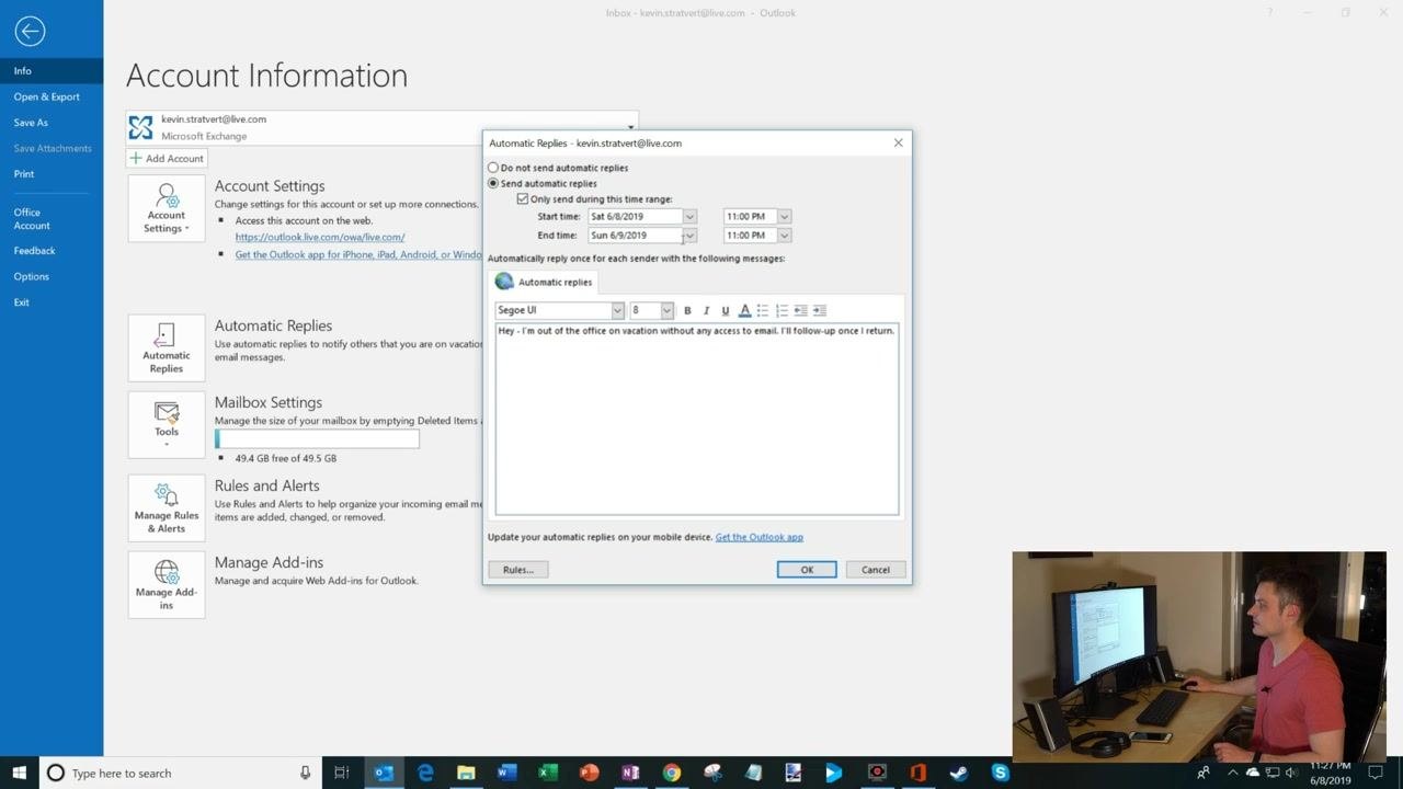 The Automatic Replies dialog with "Send automatic replies" selected and a date range set from 6/8/2019 11:00 PM to 6/9/2019 11:00 PM, along with a sample message.