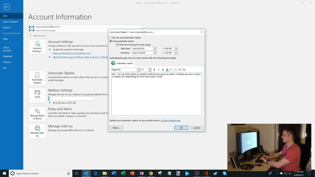 The Automatic Replies dialog with the custom message entered, shown against the Account Information screen in the background.