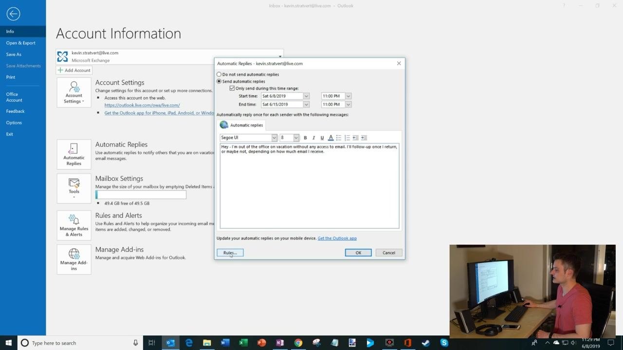 The Automatic Replies dialog with the Rules button highlighted, ready to add custom rules for the out-of-office period.