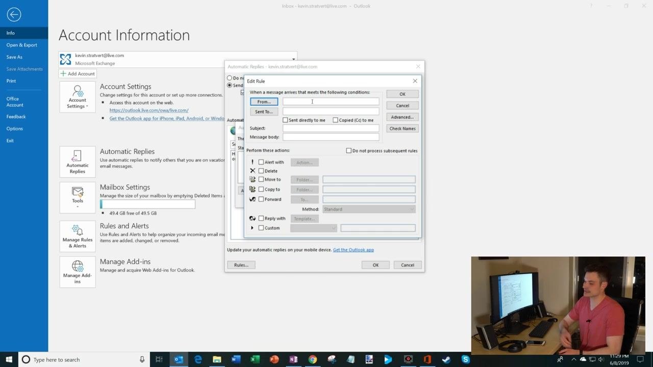 The Edit Rule dialog showing options to filter emails by sender, recipient, or subject, and actions such as alert, delete, move, copy, forward, or reply with a template.