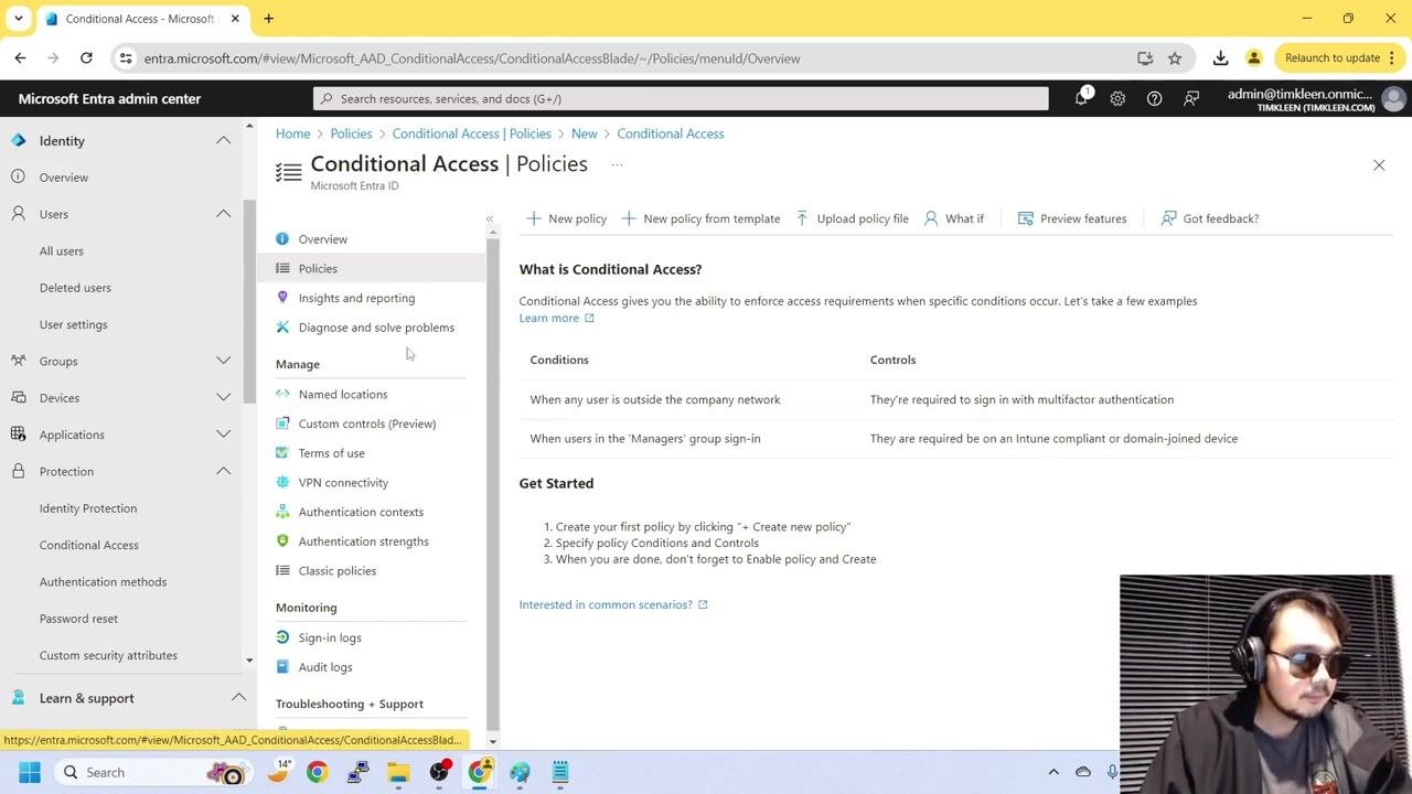 Conditional Access Policies overview page, ready to create a new policy after disabling security defaults