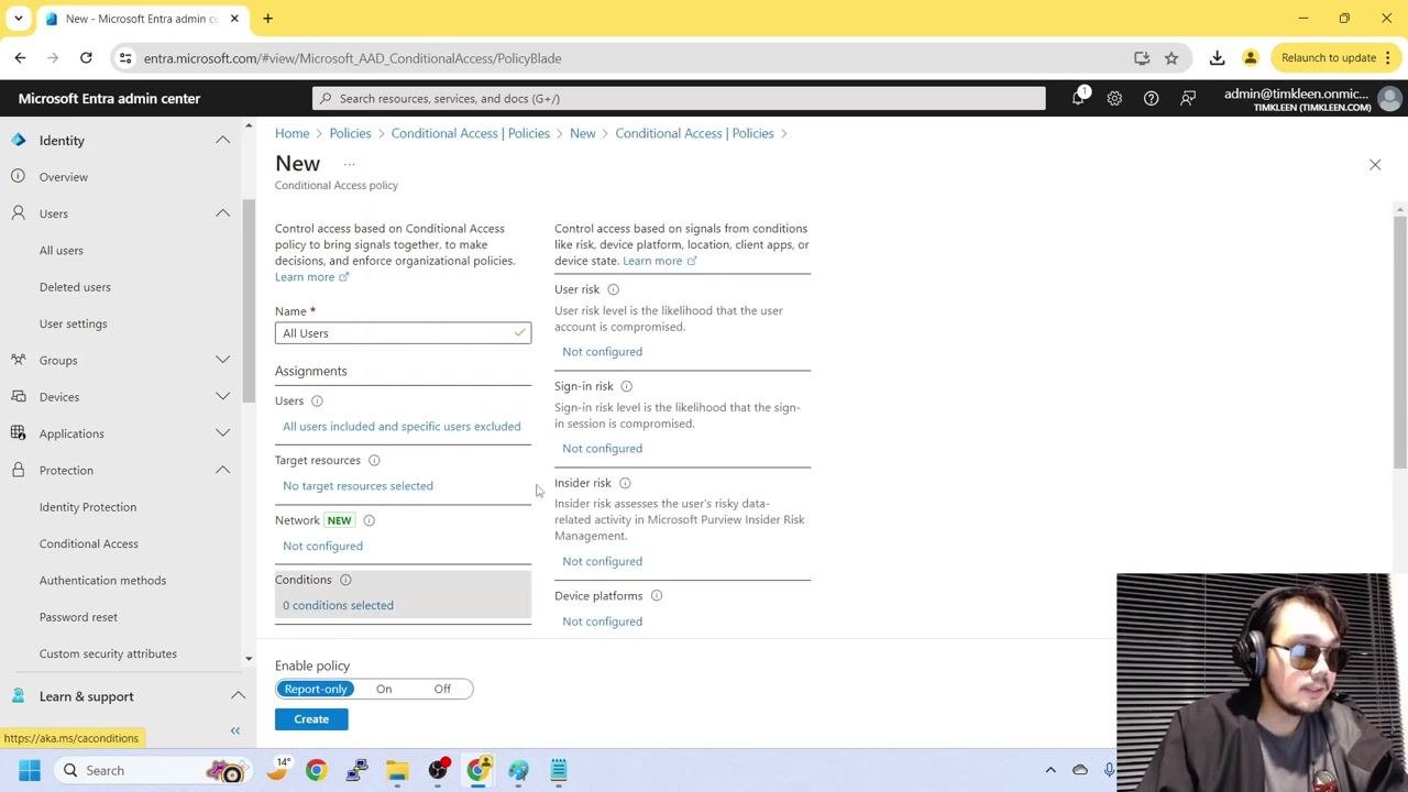 New Conditional Access policy creation screen with "All Users" as the name, all users included, and no target resources selected yet; the "Enable policy" section is set to "Report-only," with the admin account visible in the lower right corner