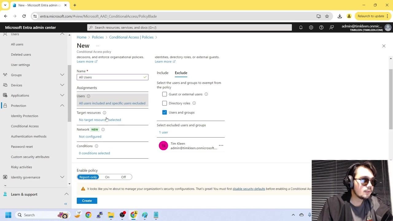 New Conditional Access policy configuration screen with "All Users" as the name, all users included, and the admin account excluded