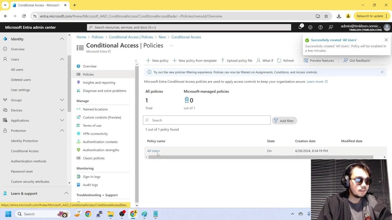 Conditional Access policy creation screen with "Grant access" and "Require multifactor authentication" selected