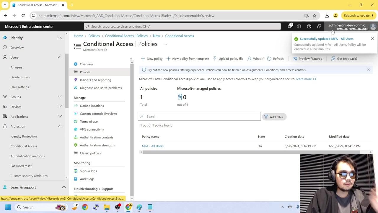 Conditional Access policy named "All Users" with assignments and settings visible