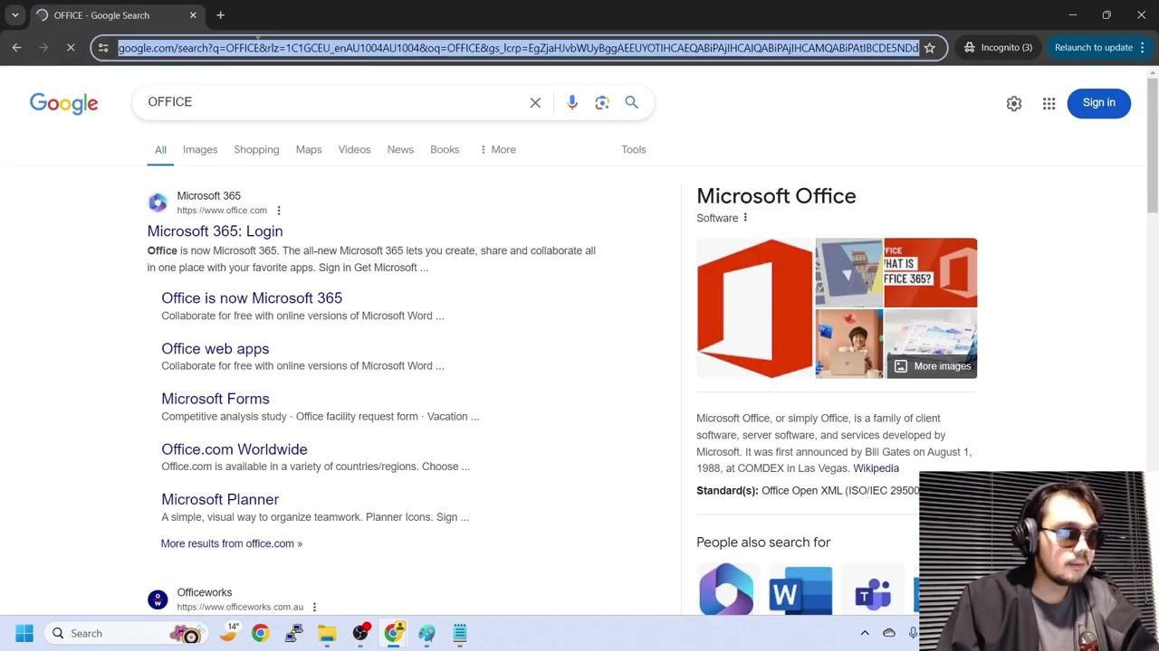 Google search results for "OFFICE" with the Microsoft 365 login link