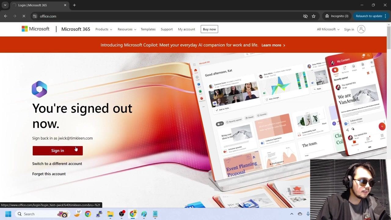 Microsoft login screen prompting for password entry for jwick@timkleen.com