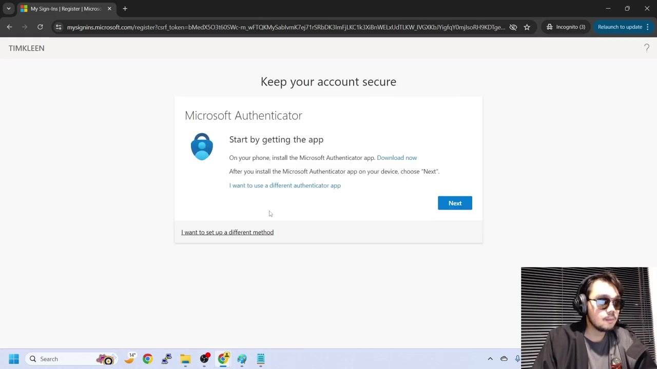 Microsoft login screen for jwick@timkleen.com with the "More information required" prompt and the "Next" button highlighted
