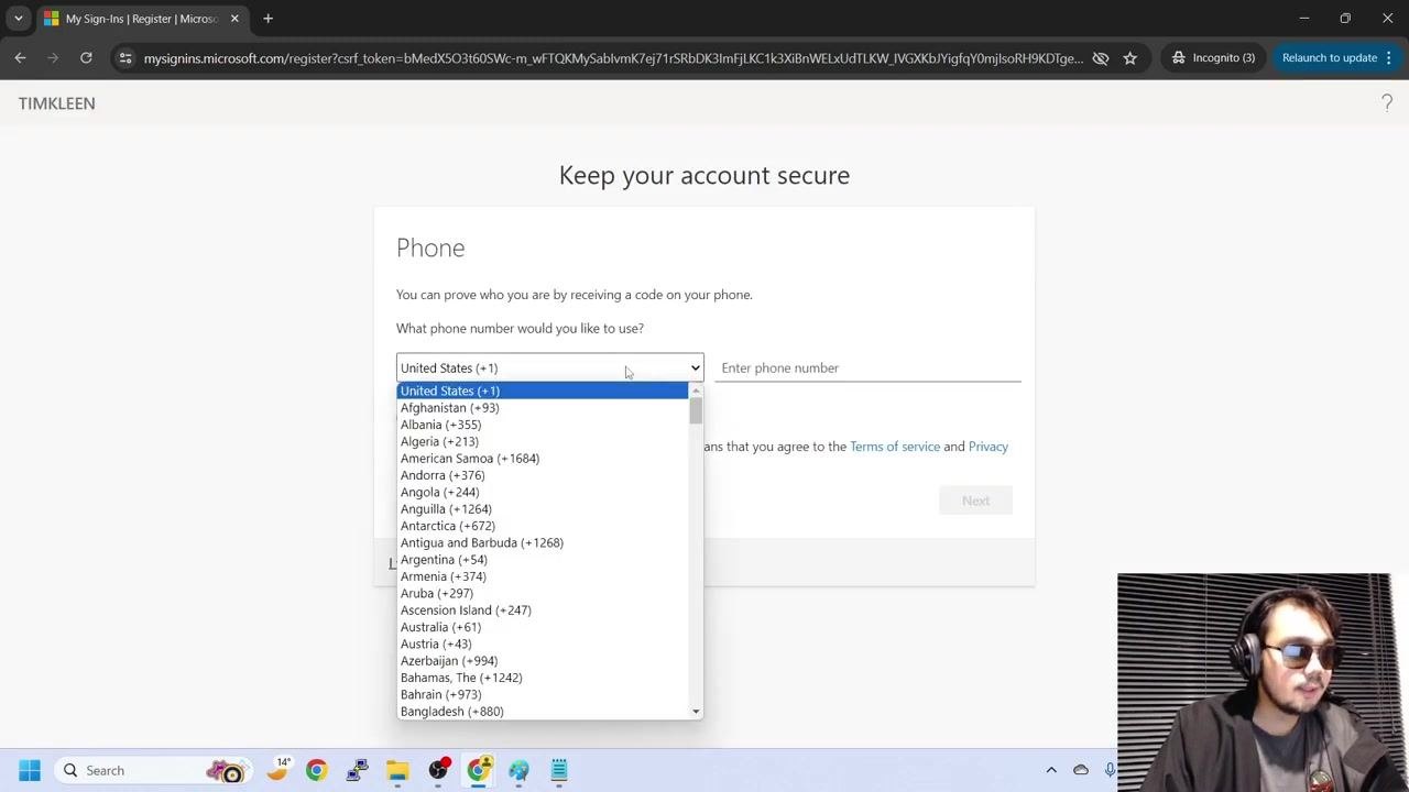 Phone setup screen with a country dropdown and phone number entry field