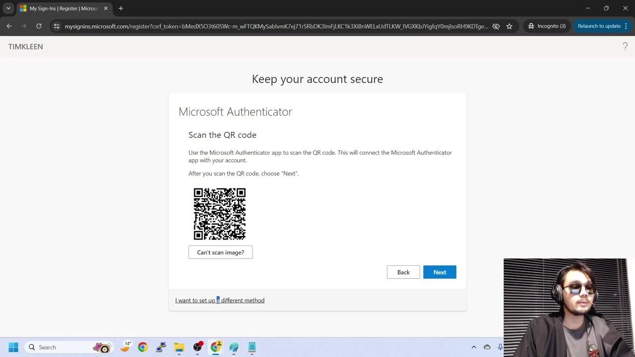 Microsoft Authenticator QR code setup screen with a QR code and a "Next" button