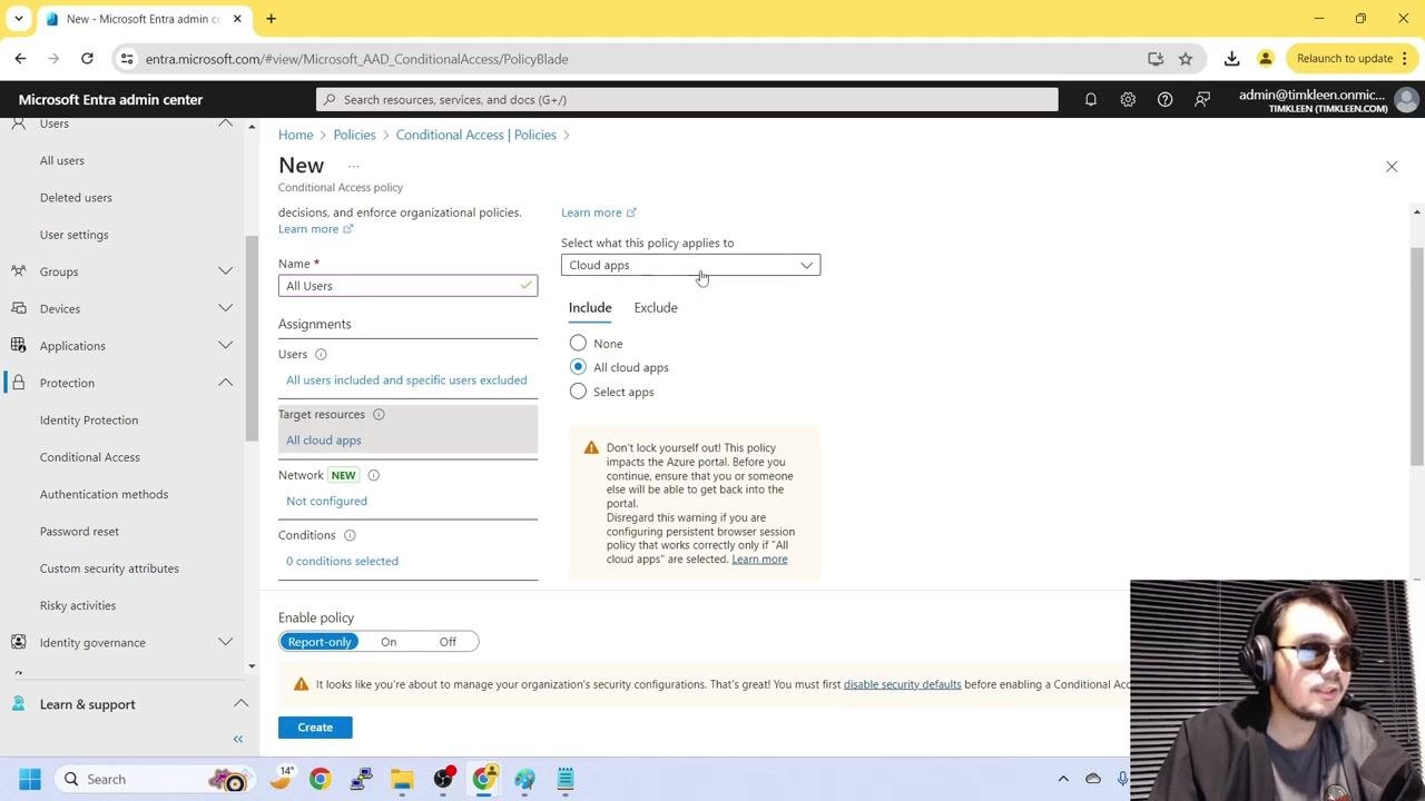 Target resources set to "All cloud apps" in the Conditional Access policy creation screen
