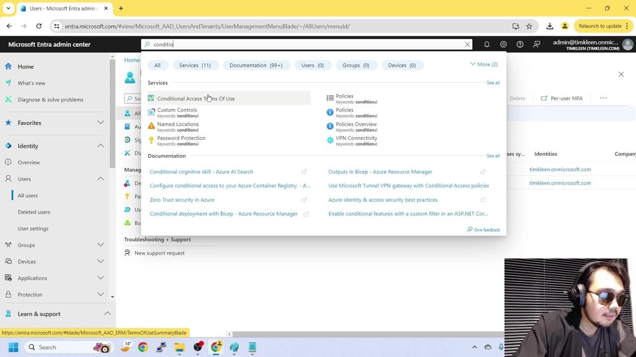Microsoft Entra admin center search bar showing results for "conditi," including Conditional Access policies and related services