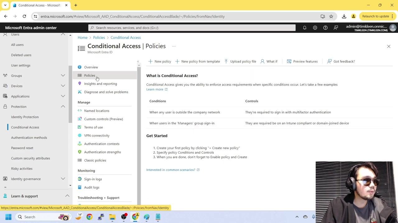 Conditional Access Policies page with the "What is Conditional Access?" explanation and steps to get started