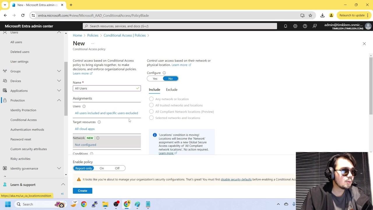 Network and Conditions sections left unconfigured in the Conditional Access policy creation screen