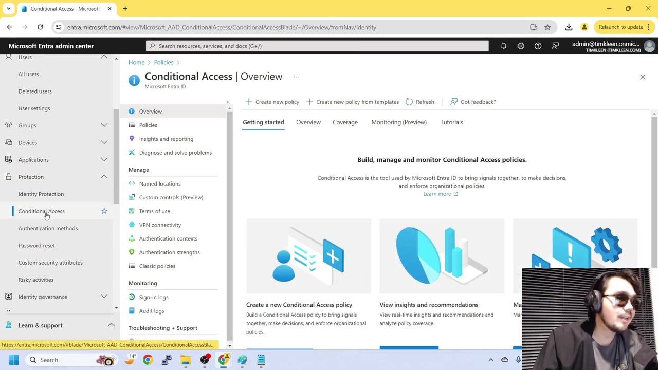 Microsoft Entra admin center with Conditional Access selected in the left navigation pane, showing the Conditional Access overview page