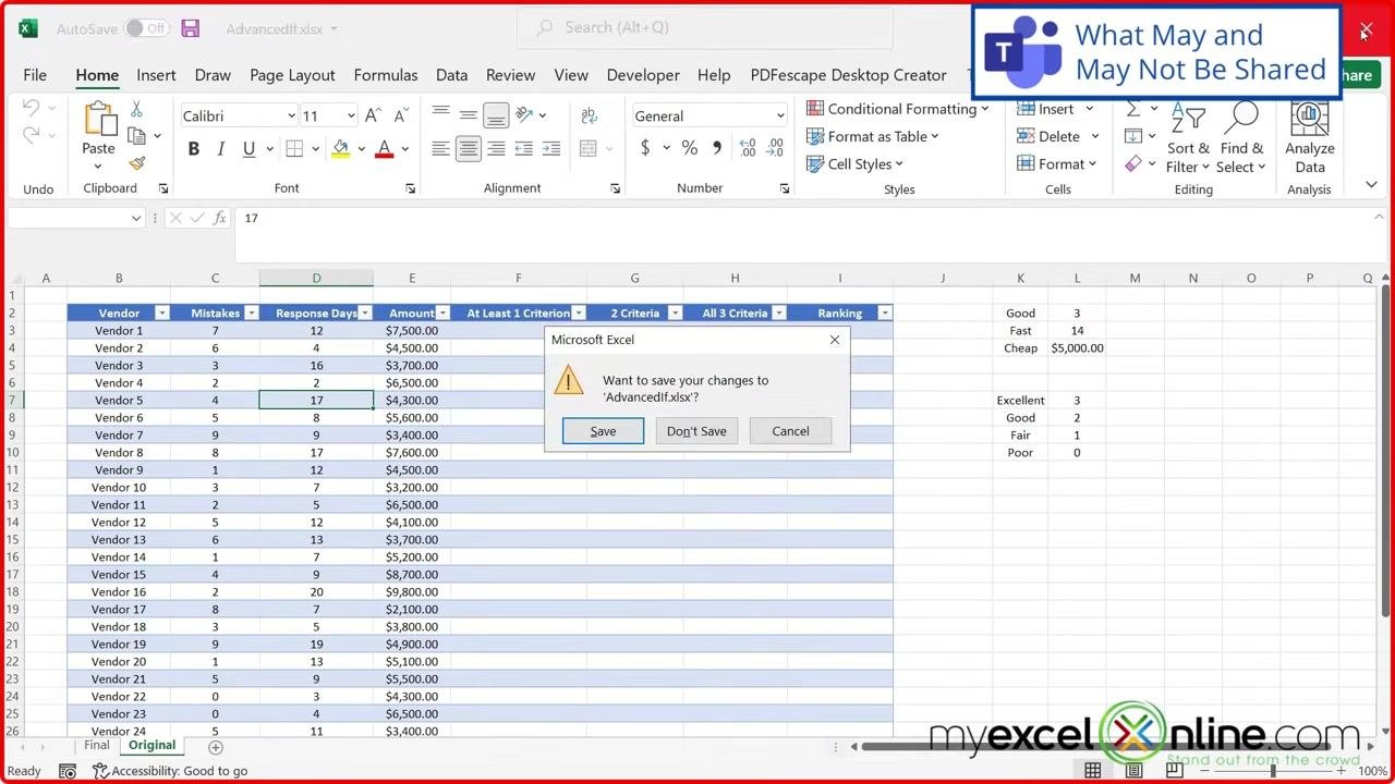 An Excel window with a red border and the "Microsoft Excel" save changes dialog box open, offering Save, Don't Save, and Cancel options.
