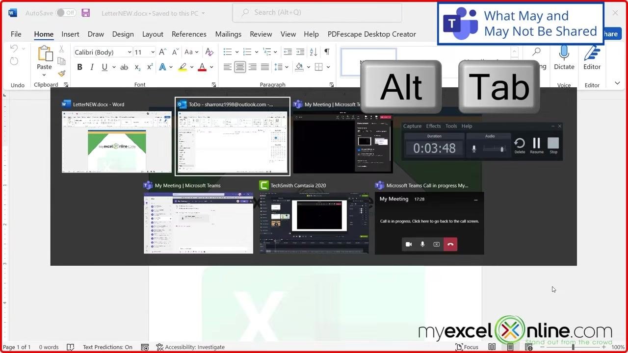 The Microsoft Teams meeting interface with the Share content panel open, showing options for Presenter mode, screen, window, Microsoft Whiteboard, and content from camera. The Share button is highlighted.