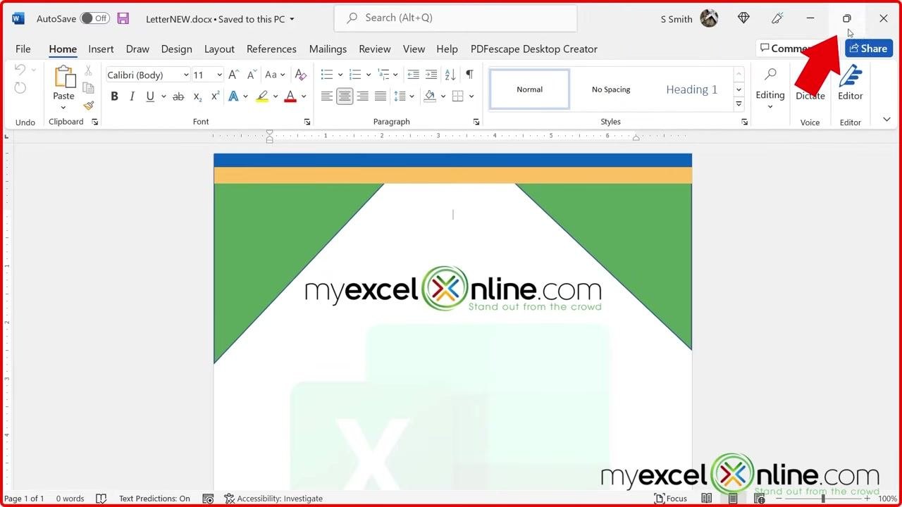 A Microsoft Word window in restored, non-maximized mode, with an arrow pointing to the Restore Down button. The document displays the myexcelonline.com logo.