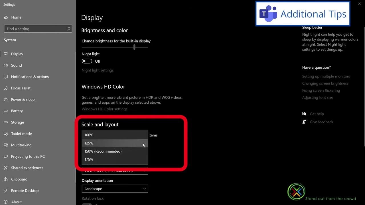 Windows Display settings showing "Scale and layout" set to 125%, with the dropdown menu open displaying options for 100%, 125%, 150% (Recommended), or 175%.