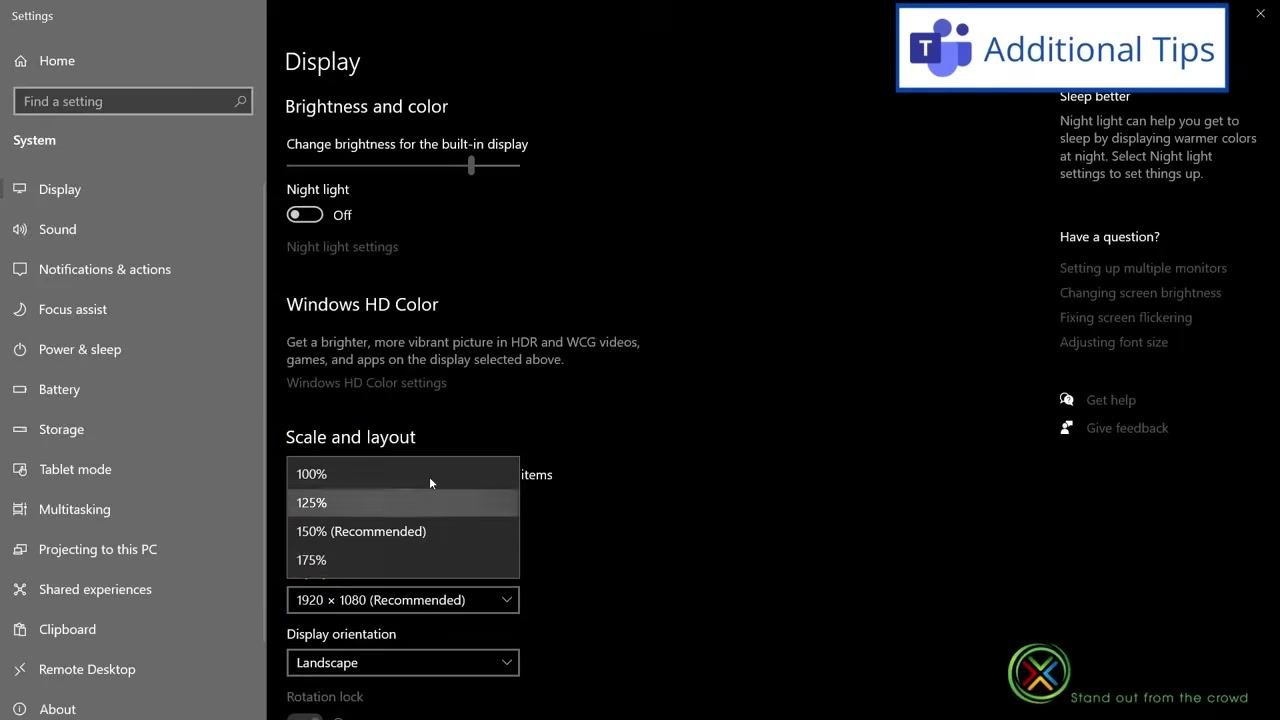 Windows Display settings open, showing the "Scale and layout" dropdown with options for 100%, 125%, 150% (Recommended), and 175%. The cursor is selecting 125%, with a "Teams Additional Tips" banner visible in the top right.