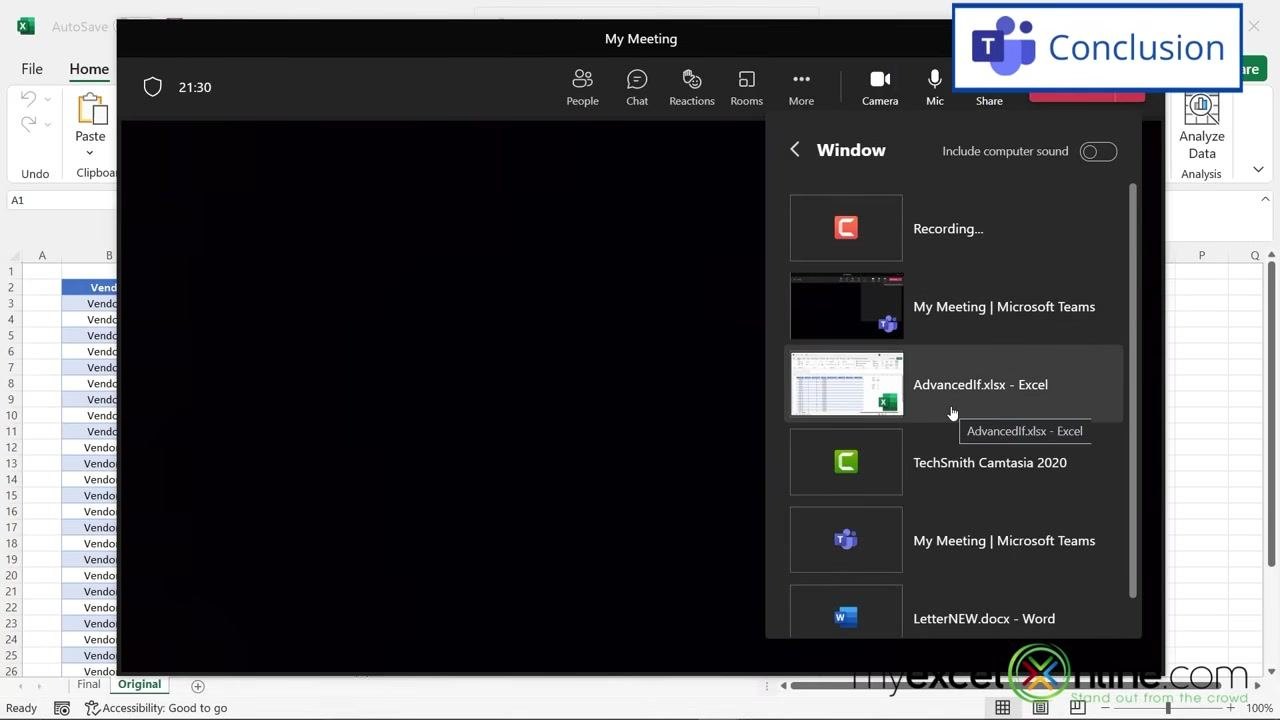 The Teams window sharing panel open, now showing "AdvancedIf.xlsx - Excel" as an available window to share, along with other open applications. The Excel window is visible in the background.