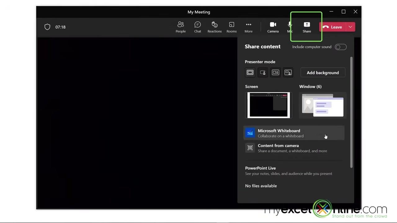 The Teams "Share content" panel with the Screen option selected and highlighted, labeled "Generic PnP Monitor."