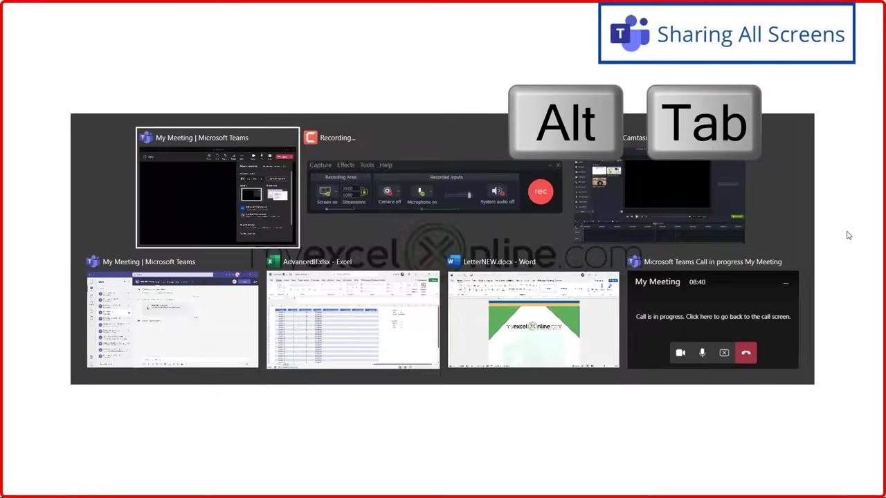The Teams "Share content" panel with the Screen option selected, and a "Sharing All Screens" label confirming active screen sharing.
